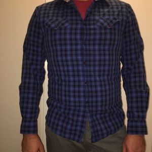 Blue plaid button-down shirt